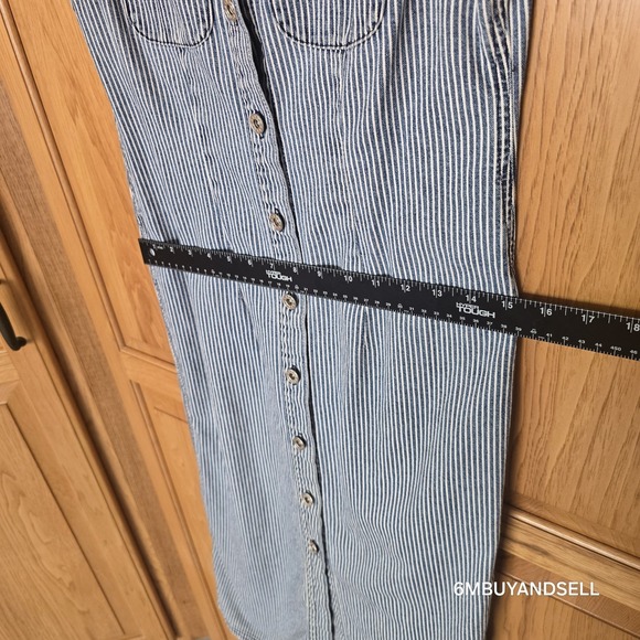 Isabella Bird Women's 4P Blue Railroad Striped Midi Sleeveless Button Down Dress - Picture 8 of 12